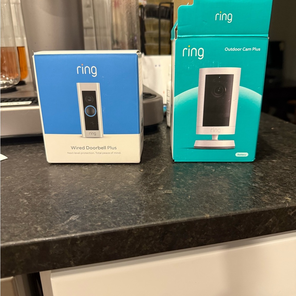 Ring Wired Doorbell Plus and Outdoor Cam Plus in Blue and White